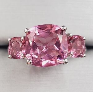 Pink Quartz Ring Three Stone Ring Cushion Cut Ring - 925 Sterling Silver Ring